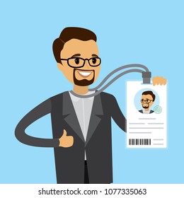 Happy caucasian businessman with badge or id card, flat Vector illustration.