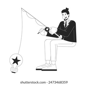 Happy caucasian businessman fishing for ideas 2D linear cartoon character. European male catching inspiration isolated vector outline person. Business monochromatic flat spot illustration