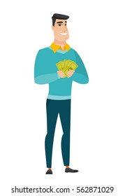 Happy caucasian businessman holding money. Excited businessman standing with money in hands. Full length of smiling businessman with money. Vector flat design illustration isolated on white background