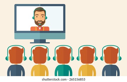 A happy Caucasian businessman in a monitor with beard giving a business presentation with three men in front of him wearing their headphones. Business presentation concept. A contemporary style