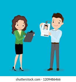 Happy Caucasian Businessman Or Office Worker Holding Badge With Id,photo And Qr Code,female Secretary On Check In,Flat Vector Illustration