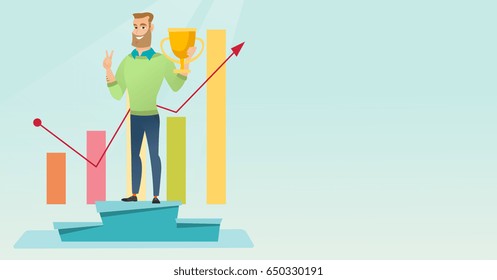 Happy caucasian businessman on a pedestal with business award. Cheerful smiling businessman celebrating business award. Concept of business award. Vector flat design illustration. Horizontal layout.