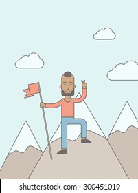 A happy caucasian businessman with pretty good tan skin standing on the top of a mountain with snow holding a red flag. Cheerful, winner and leader concept. A Contemporary style with pastel palette
