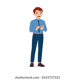 Happy Caucasian Businessman Standing Holding Mobile Phone Wearing Formal Attire