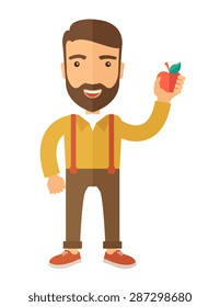 A happy caucasian businessman standing raising his arm while holding a red apple.  The concept of success and good idea. A Contemporary style. Vector flat design illustration isolated white background
