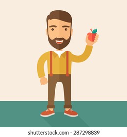 A happy caucasian businessman standing raising his arm while holding a red apple.  The concept of success and good idea. A Contemporary style with pastel palette, soft beige tinted background. Vector