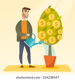 Happy caucasian businessman watering financial tree. Smiling businessman investing in future financial safety. Businessman taking care of finances. Vector flat design illustration. Square layout.