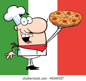 Happy Caucasian Chef Presenting His Pizza