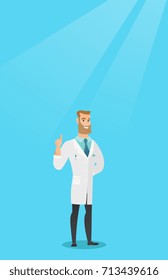 Happy caucasian doctor in medical gown showing finger up. Young doctor with finger up. Smiling hipster man in doctor uniform pointing finger up. Vector flat design illustration. Vertical layout.