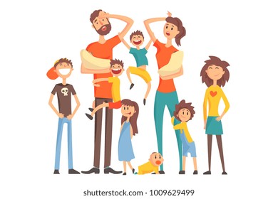 Happy Caucasian Family With Many Children Portrait All The Kids And Babies Tired Parents Colorful Illustration