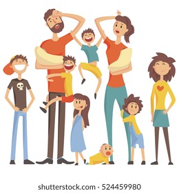 Happy Caucasian Family With Many Children Portrait With All The Kids And Babies And Tired Parents Colorful Illustration