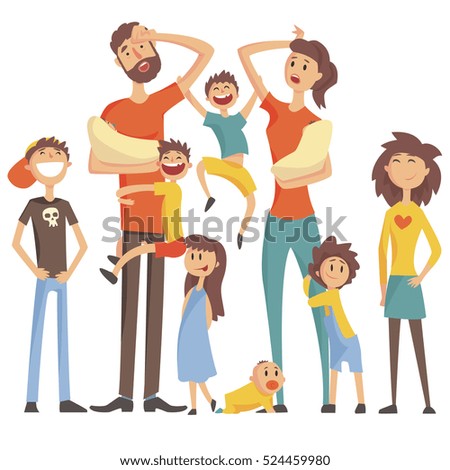 Happy Caucasian Family With Many Children Portrait With All The Kids And Babies And Tired Parents Colorful Illustration