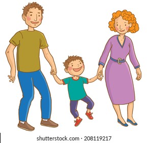 Happy caucasian family: mother, father, son. Isolated objects on white background. Great illustration for school books. magazines, advertising and more. VECTOR.