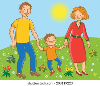 Happy caucasian family: mother, father, son. Isolated objects on SUMMER background. Great illustration for school books. magazines, advertising and more. VECTOR.