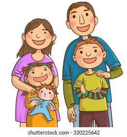 Happy caucasian family: mother, father, son, daughter . Isolated objects on white background. Great illustration for school books. magazines, advertising and more. VECTOR.