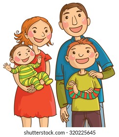 Happy caucasian family: mother, father, son, baby. Isolated objects on white background. Great illustration for school books. magazines, advertising and more. VECTOR.