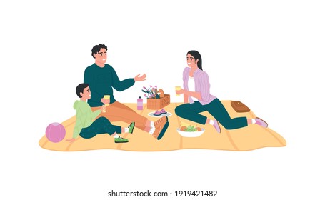 Happy caucasian family on picnic flat color vector detailed characters. Parents with kid sitting on blanket. Spring recreation isolated cartoon illustration for web graphic design and animation