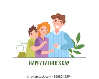 A happy, caucasian family of three in a fathers day vector illustration.