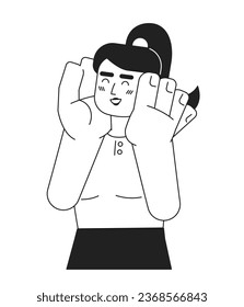 Happy caucasian girl monochromatic flat vector character. Delight person. Hands on cheeks. Editable thin line half body person on white. Simple bw cartoon spot image for web graphic design