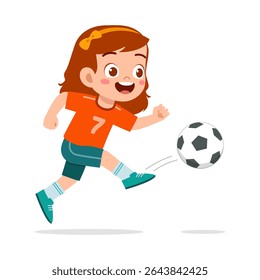 Happy Caucasian girl playing soccer, wearing orange shirt, kicking ball, with cheerful expression