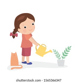 Happy caucasian girl watering flowers. Cartoon kid holding watering can, plants in pot and funny cute cat near. Female character and pet isolated on white background. Flat vector illustration