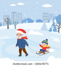 Happy caucasian grandfather rides kid grandson on a sled. Winter urban view on background. Funny family, outdoor activity. Cartoon old man and preschooler boy, people characters. Vector illustration