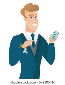 Happy caucasian groom holding a mobile phone. Young groom pointing at a mobile phone. Groom using a mobile phone. Vector flat design illustration isolated on white background.