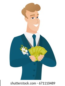 Happy caucasian groom holding money in hands. Young excited groom in a wedding suit showing money. Vector flat design illustration isolated on white background.