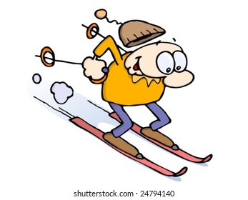Happy Caucasian Guy Skiing Fast Downhill On Skis, Holding Poles Behind Him, His Cap Flying Off His Head