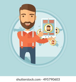 Happy caucasian hipster businessman with beard holding tablet computer with social media network on background map of the world. Vector flat design illustration in the circle isolated on background.