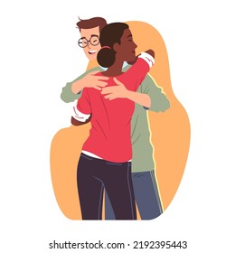 Happy Caucasian man, African American woman multiracial couple in love or friends embracing. Family persons hugging meeting together. Romance, relationships, friendship flat vector illustration