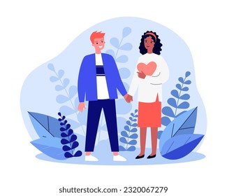 Happy Caucasian man and African American woman holding hands. Interracial couple, boyfriend smiling at girlfriend holding comic red heart vector illustration. Love, relationship, diversity concept