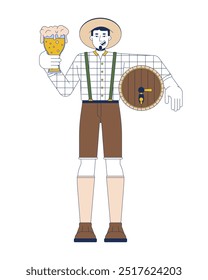 Homem caucasiano feliz com ilustração plana de desenho animado de cerveja. Oktoberfest festa europeia homem convidado 2D personagem isolado no fundo branco. Imagem de cor tradicional do vetor da cena do banquete da Baviera