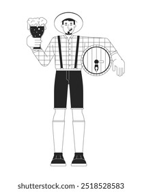 Homem caucasiano feliz com ilustração de linha preta e branca do desenho animado da cerveja. Oktoberfest partido europeu convidado 2D personagem linear isolado. Imagem de contorno de vetor monocromático tradicional da festa da Baviera