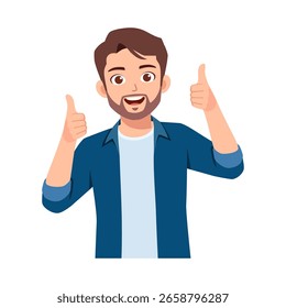Hombre caucásico feliz que hace gestos con los pulgares para arriba con la expresión sonriente de la cara en fondo llano