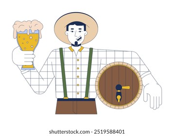 Homem caucasiano feliz segurando cerveja e cask 2D personagem de desenho animado. Oktoberfest festa jovem homem convidado em lederhosen pessoa isolada vetor plano no fundo branco. Ilustração especial colorida