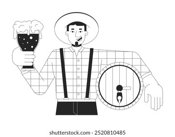 Hombre caucásico feliz que sostiene la cerveza y el barril negro y blanco 2D carácter de línea. Oktoberfest fiesta joven huésped masculino en lederhosen persona de contorno de Vector aislado. Ilustración de punto monocromático