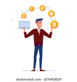 Happy caucasian man juggles with cryptocurrency coins. Concept of crypto currency converting, blockchain wallet and money keeping. Vector cartoon illustration on the white background. Square layout.