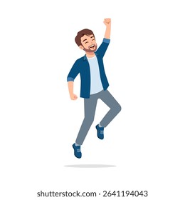 Happy Caucasian Man Jumping with Joy and Raising One Arm with Smiling Expression, Celebrating
