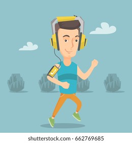 Happy caucasian man running with earphones and armband for smartphone. Young smiling man using smartphone to listen to music while running in the park. Vector flat design illustration. Square layout.