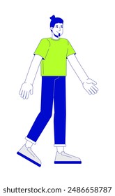 Hombre caucásico feliz que camina 2D lineal personaje de dibujos animados. Hombre europeo positivo en la ropa casual aislado de la línea de Vector de la persona de fondo blanco. Ilustración de punto plano de color de actividad de ocio