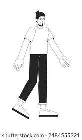 Hombre caucásico feliz que camina blanco y negro 2D línea personaje de dibujos animados. Hombre europeo positivo en la ropa casual aislado del contorno del Vector de la persona. Ilustración monocromática de punto plano de actividad de ocio