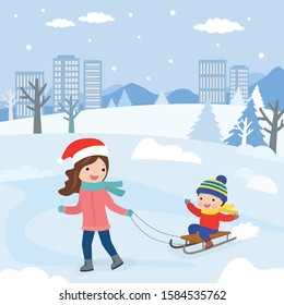 Happy caucasian mother rides kid boy on a sled. Winter urban view on background. Funny family, outdoor activity. Cartoon mom and preschooler, people characters. Flat vector illustration