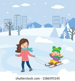 Happy caucasian mother rides kid girl on sled. Winter urban view on background. Funny family, outdoor activity. Cartoon mom and preschooler daughter;, people characters. Flat vector illustration