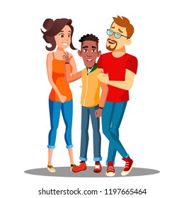 Happy Caucasian Parents With Black Child Vector. Isolated Illustration