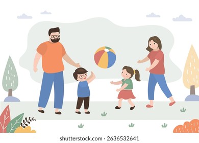 Happy caucasian parents and children play with ball. Cheerful people play activity games. Family with ball in park. Kids games, entertainment, development of imagination. flat vector illustration