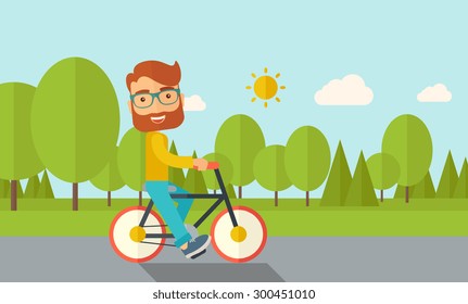 A happy caucasian riding a bicycle under the sun. Contemporary style with pastel palette, soft blue tinted background with desaturated cloud. Vector flat design illustrations. Horizontal layout.