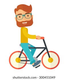 A happy caucasian riding a bicycle under the sun. A Contemporary style. Vector flat design illustration isolated white background. Square layout