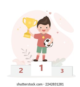 Happy caucasian schoolboy standing on podium. Boy holds winner cup and ball. Football player after competition. First place, reward for winner in championship, best player of match. Flat vector