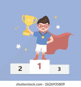 Feliz colegial caucasiano em traje de super-herói de pé no pódio. Garoto segura a taça vencedora após a competição. Primeiro lugar, prêmio para o vencedor no campeonato, melhor jogador do jogo. ilustração vetorial